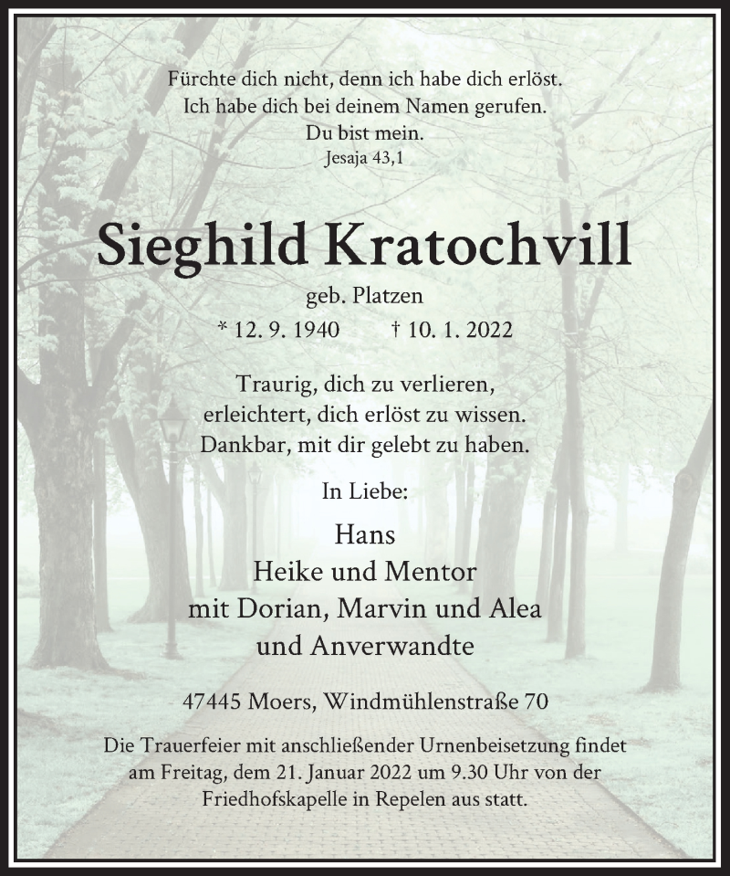  Traueranzeige für Sieghild Kratochvill vom 15.01.2022 aus Rheinische Post