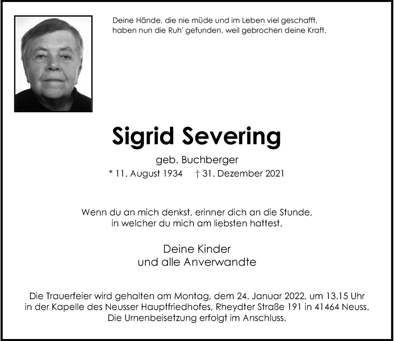  Traueranzeige für Sigrid Severing vom 15.01.2022 aus Rheinische Post