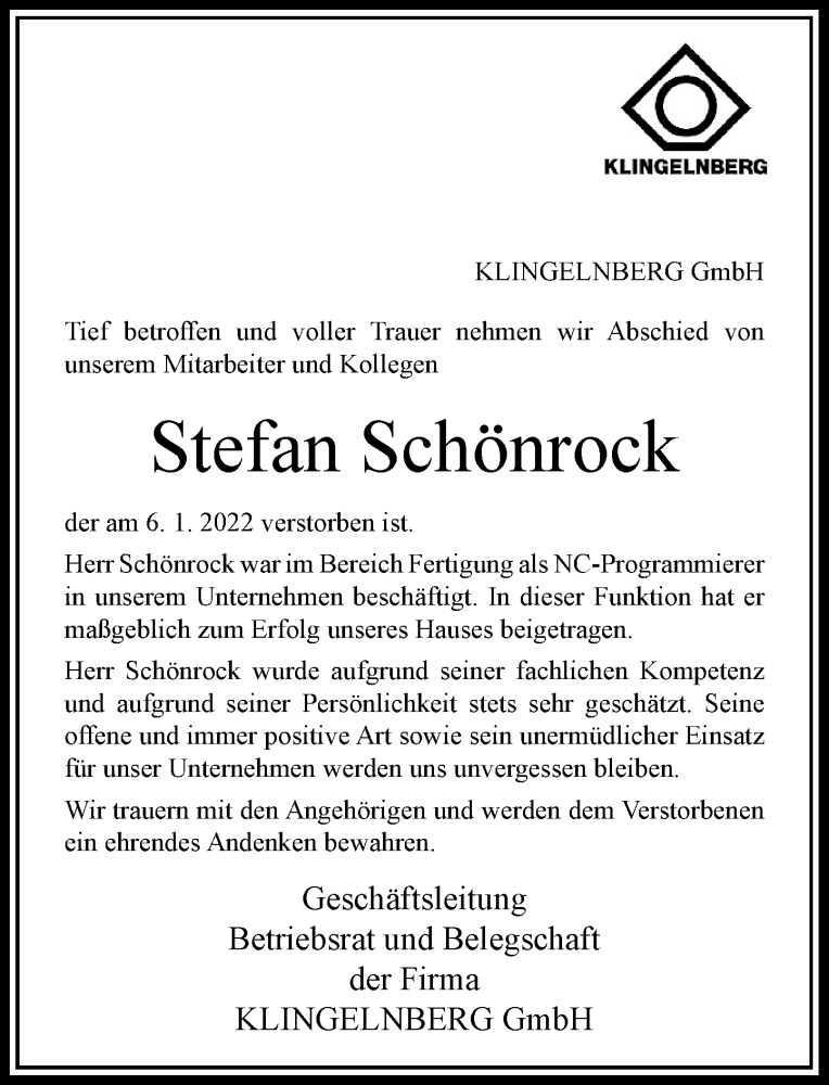  Traueranzeige für Stefan Schönrock vom 17.01.2022 aus Rheinische Post