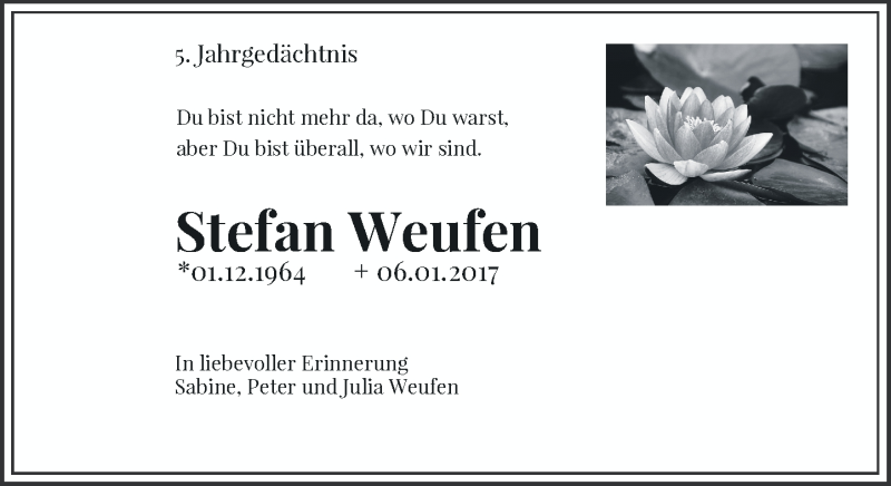  Traueranzeige für Stefan Weufen vom 06.01.2022 aus Rheinische Post