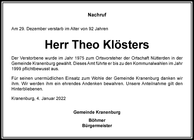  Traueranzeige für Theo Klösters vom 06.01.2022 aus Rheinische Post