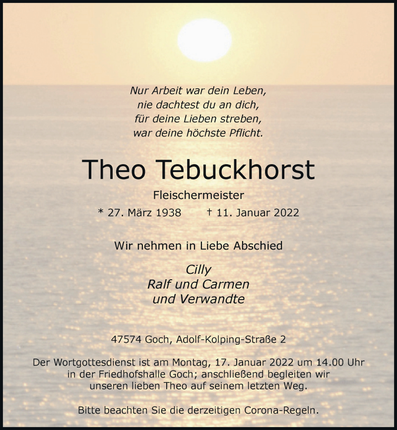  Traueranzeige für Theo Tebuckhorst vom 14.01.2022 aus Rheinische Post