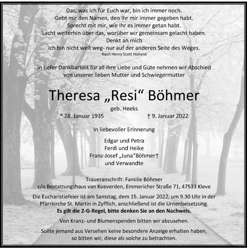  Traueranzeige für Theresa Böhmer vom 12.01.2022 aus Rheinische Post