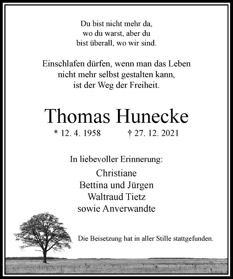  Traueranzeige für Thomas Hunecke vom 15.01.2022 aus Rheinische Post