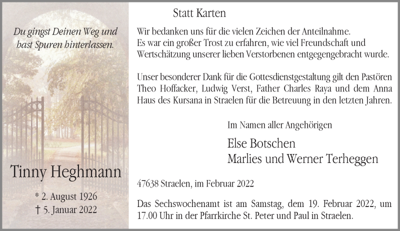  Traueranzeige für Tinny Heghmann vom 12.02.2022 aus Rheinische Post