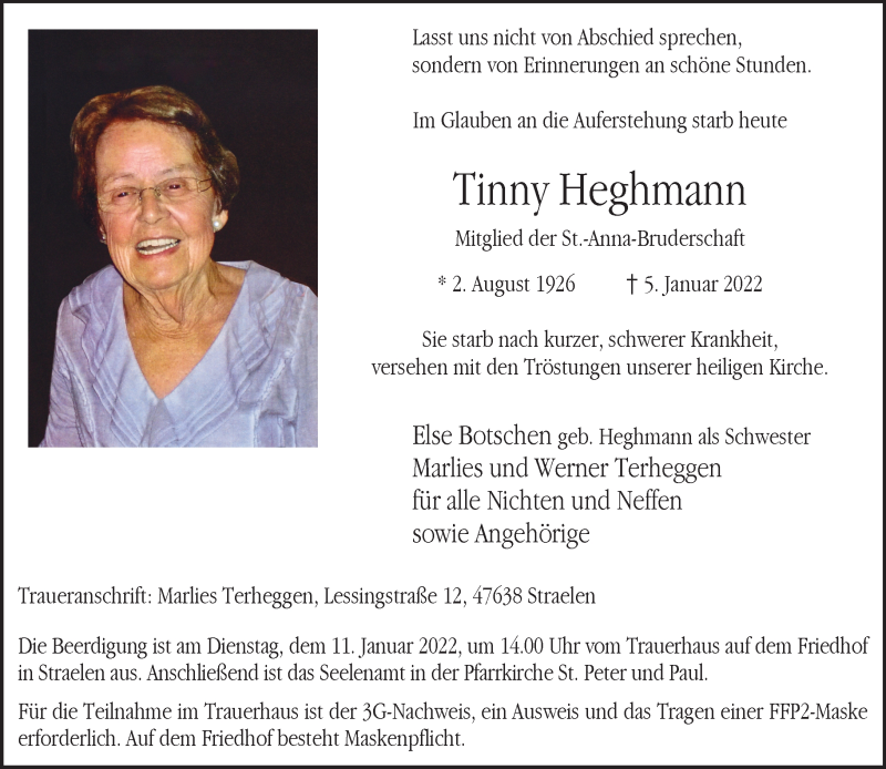  Traueranzeige für Tinny Heghmann vom 08.01.2022 aus Rheinische Post