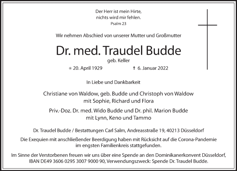  Traueranzeige für Traudel Budde vom 12.01.2022 aus Rheinische Post