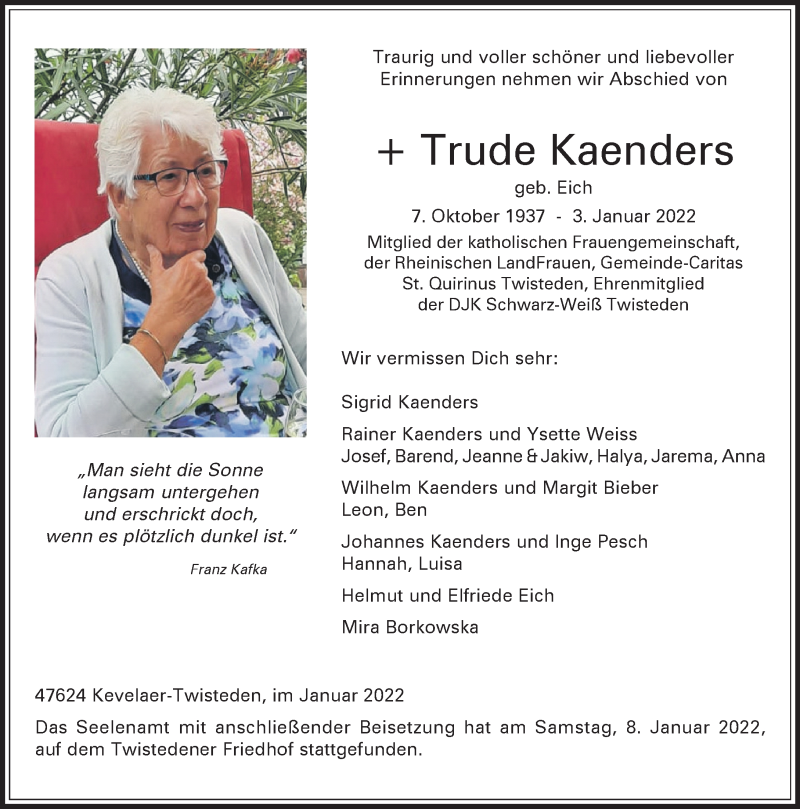  Traueranzeige für Trude Kaenders vom 08.01.2022 aus Rheinische Post
