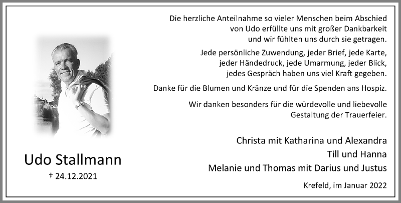  Traueranzeige für Udo Stallmann vom 29.01.2022 aus Rheinische Post