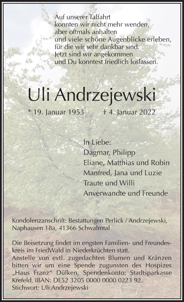  Traueranzeige für Uli Andrzejewski vom 15.01.2022 aus Rheinische Post