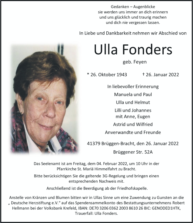  Traueranzeige für Ulla Fonders vom 29.01.2022 aus Rheinische Post