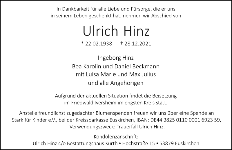  Traueranzeige für Ulrich Hinz vom 08.01.2022 aus Rheinische Post
