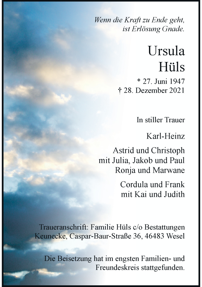  Traueranzeige für Ursula Hüls vom 08.01.2022 aus Rheinische Post