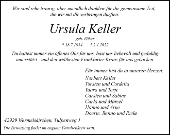 Traueranzeige von Ursula Keller von Rheinische Post
