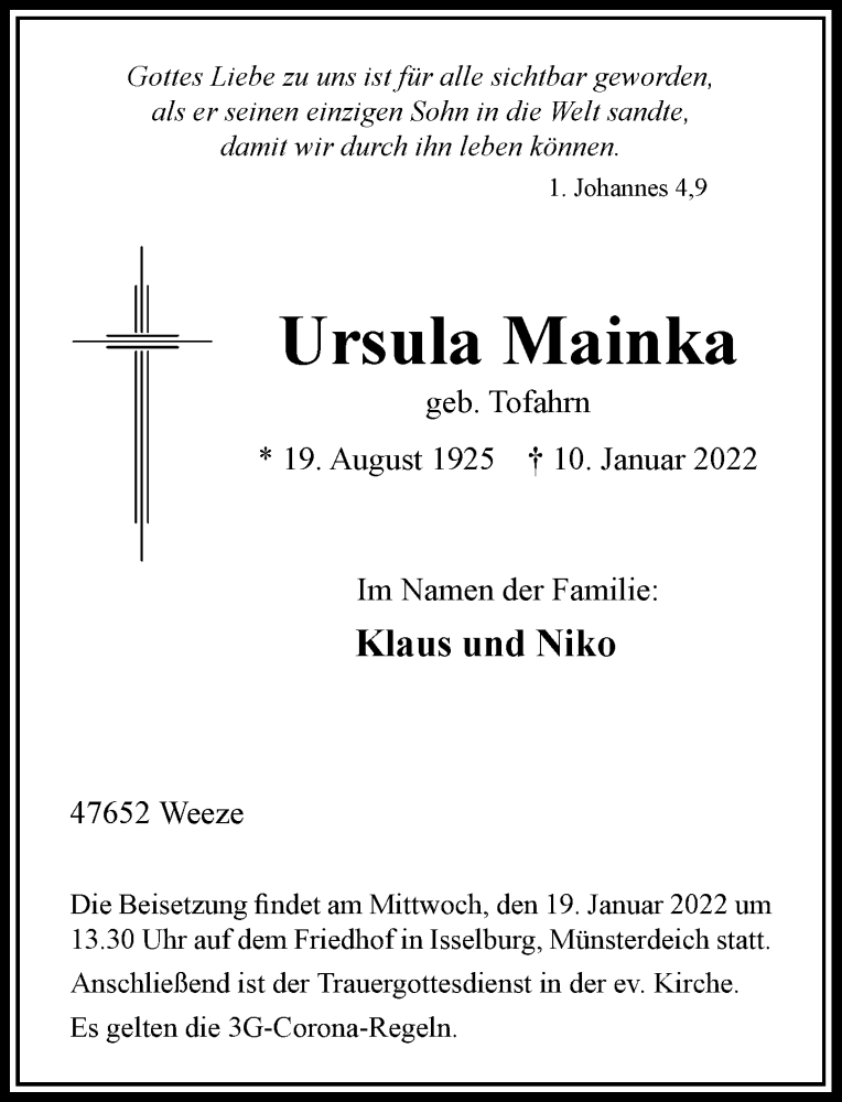  Traueranzeige für Ursula Mainka vom 15.01.2022 aus Rheinische Post