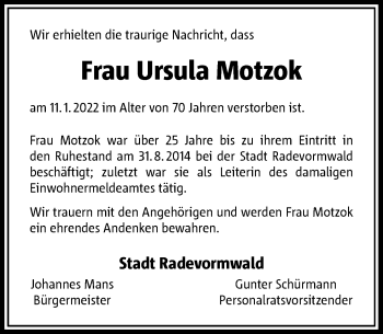 Traueranzeige von Ursula Motzok von Rheinische Post