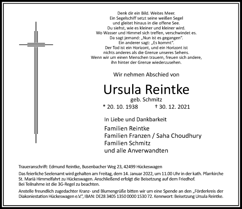  Traueranzeige für Ursula Reintke vom 08.01.2022 aus Rheinische Post