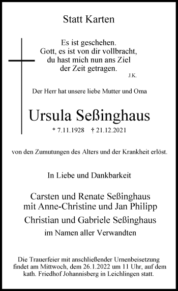 Traueranzeige von Ursula Seßinghaus von Rheinische Post