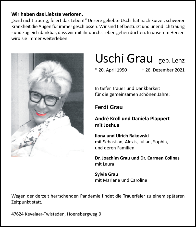  Traueranzeige für Uschi Grau vom 08.01.2022 aus Rheinische Post