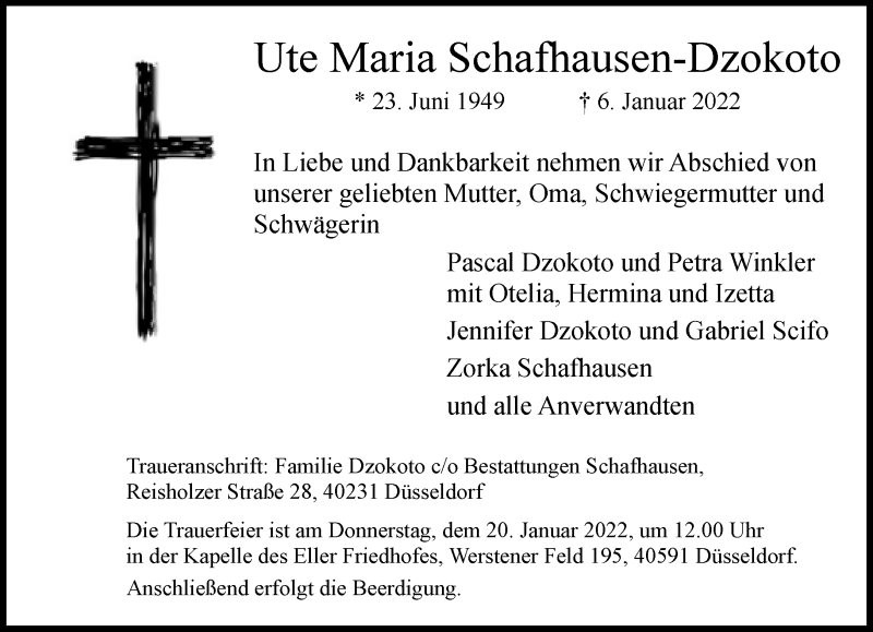  Traueranzeige für Ute Maria Schafhausen-Dzokoto vom 19.01.2022 aus Rheinische Post