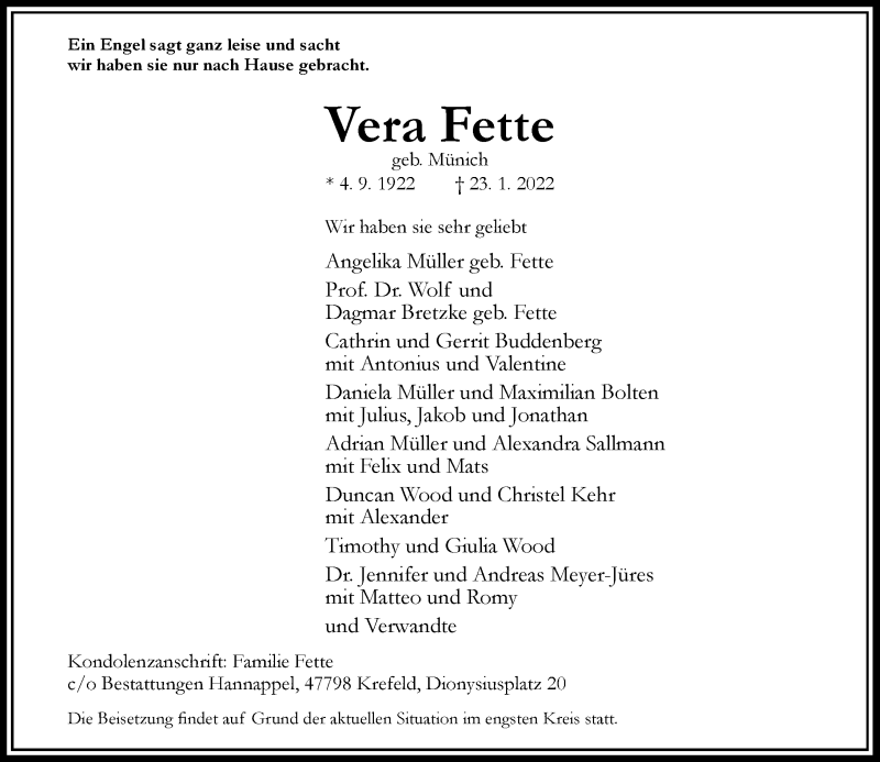  Traueranzeige für Vera Fette vom 29.01.2022 aus Rheinische Post