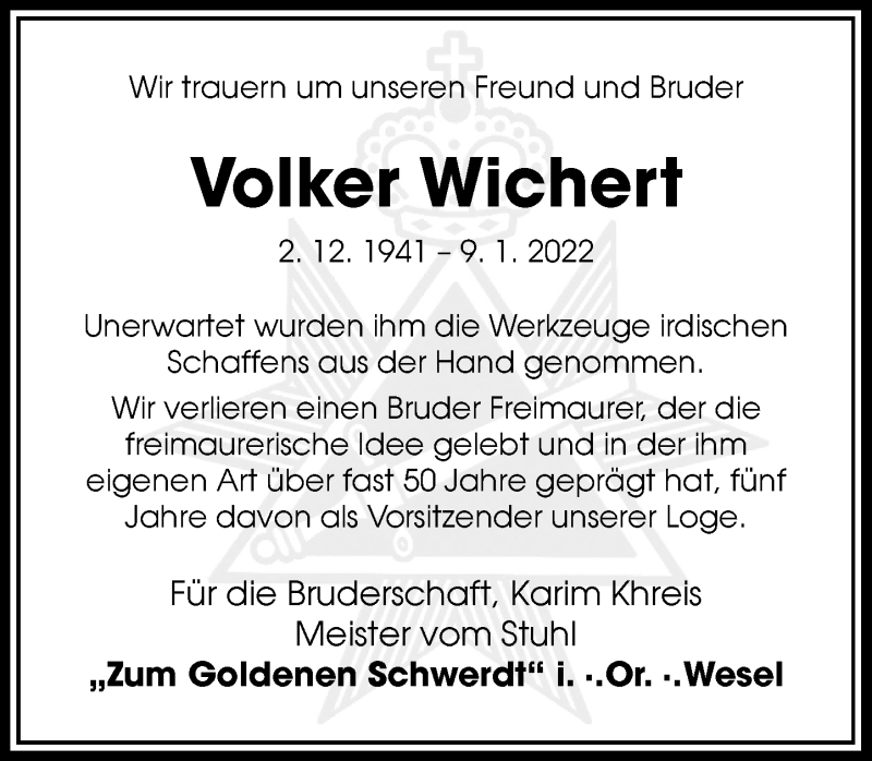  Traueranzeige für Volker Wiehert vom 15.01.2022 aus Rheinische Post
