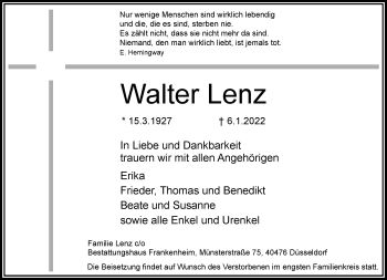 Traueranzeige von Walter Lenz von Rheinische Post