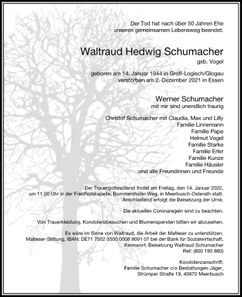 Traueranzeige von Waltraud Hedwig Schumacher von Rheinische Post