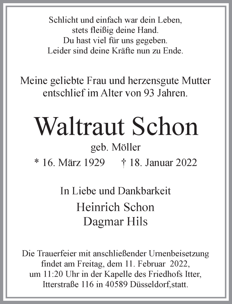 Traueranzeige für Waltraut Schon vom 05.02.2022 aus Rheinische Post