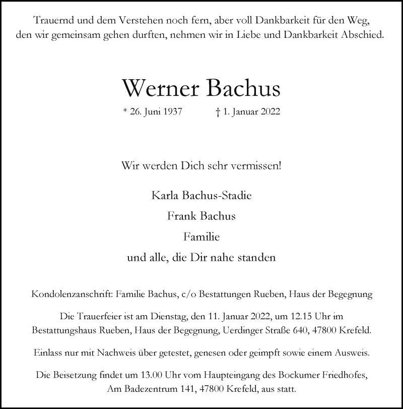  Traueranzeige für Werner Bachus vom 08.01.2022 aus Rheinische Post