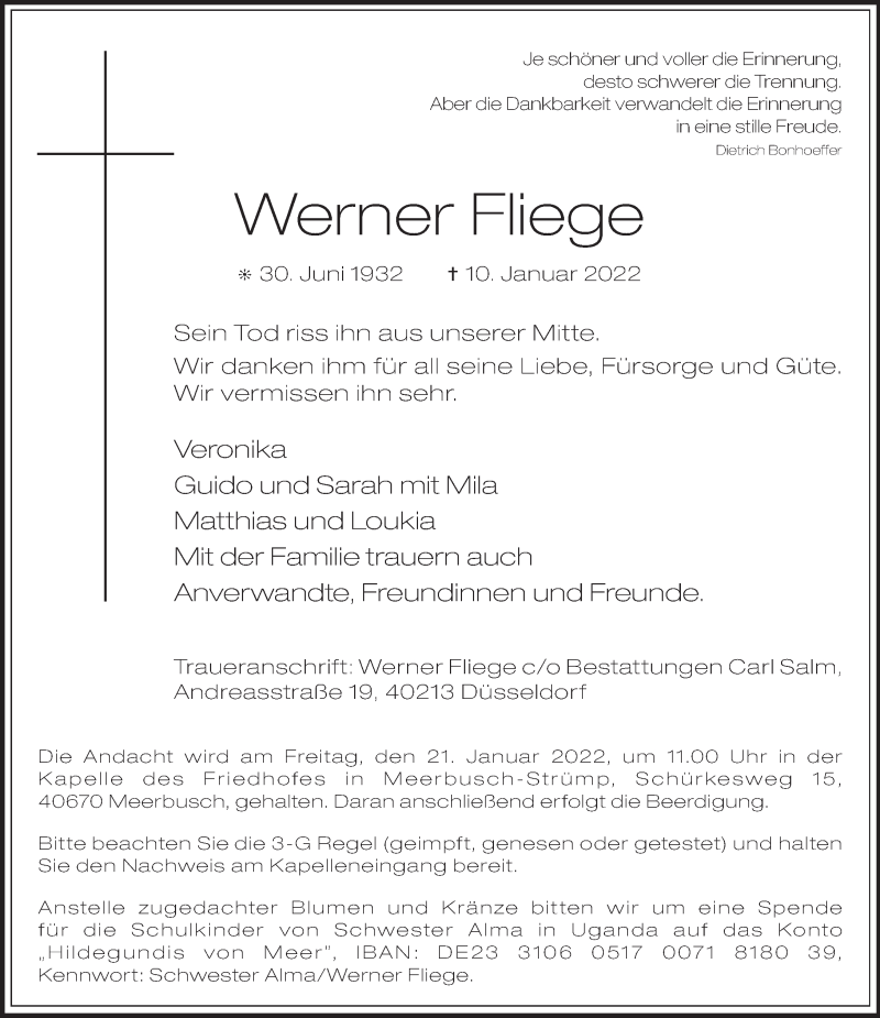  Traueranzeige für Werner Fliege vom 15.01.2022 aus Rheinische Post