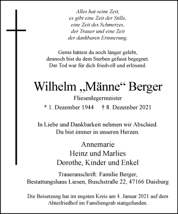 Traueranzeige von Wilhelm Berger von Rheinische Post
