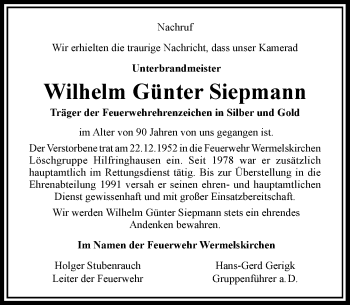 Traueranzeige von Wilhelm Günter Siepmann von Rheinische Post