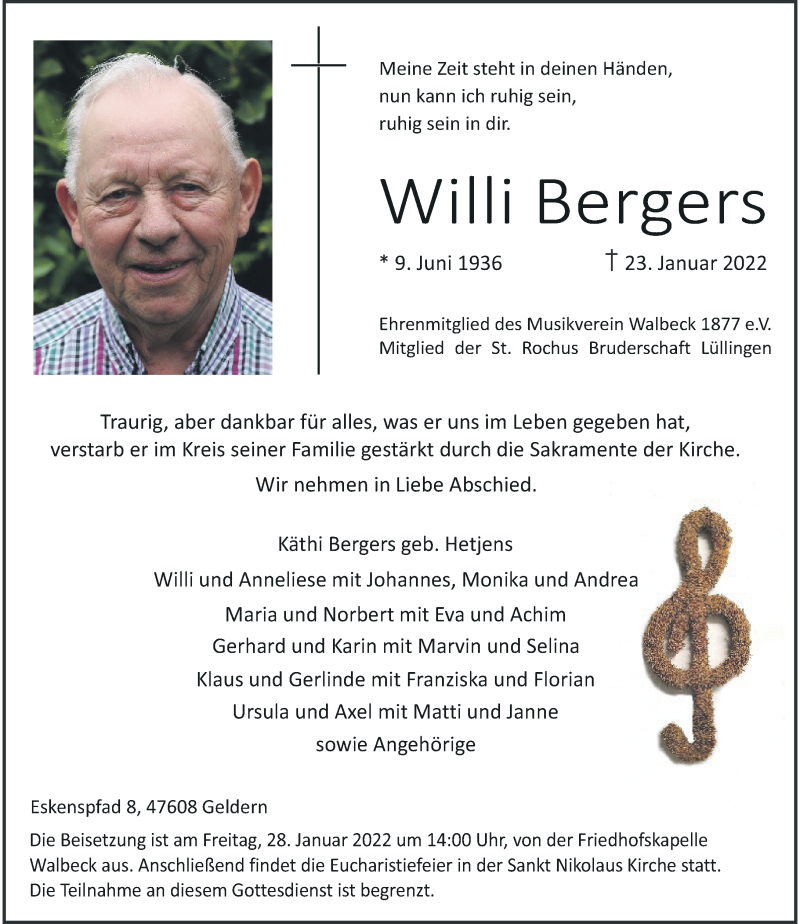  Traueranzeige für Willi Bergers vom 26.01.2022 aus Rheinische Post