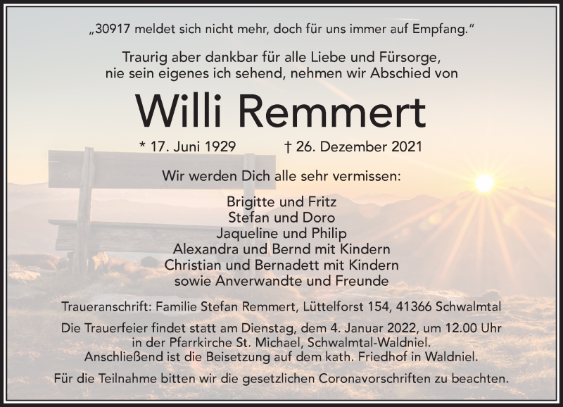  Traueranzeige für Willi Remmert vom 03.01.2022 aus Rheinische Post