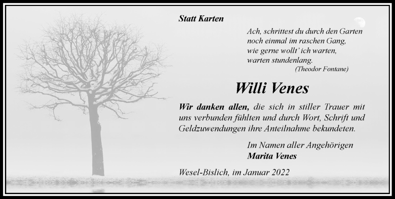  Traueranzeige für Willi Venes vom 11.01.2022 aus Rheinische Post