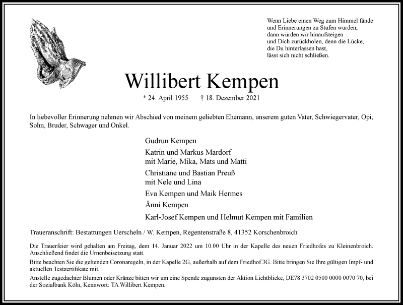  Traueranzeige für Willibert Kempen vom 08.01.2022 aus Rheinische Post