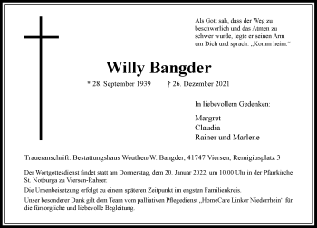 Traueranzeige von Willy Bangder von Rheinische Post