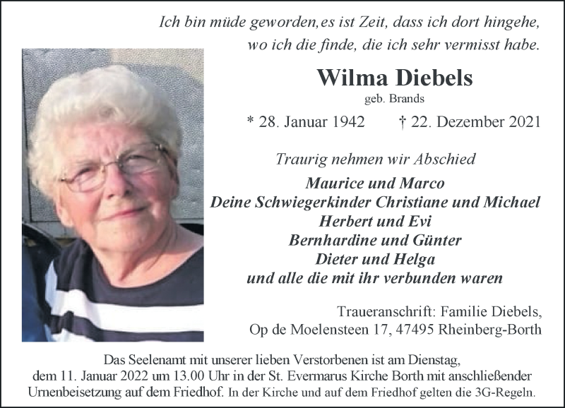  Traueranzeige für Wilma Diebels vom 05.01.2022 aus Rheinische Post