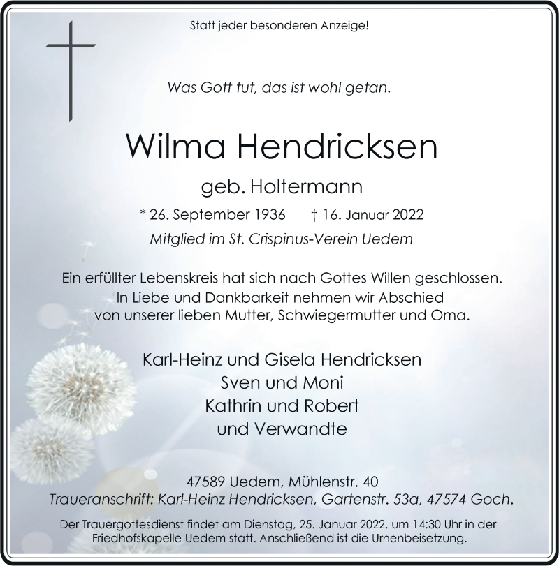  Traueranzeige für Wilma Hendricksen vom 20.01.2022 aus Rheinische Post
