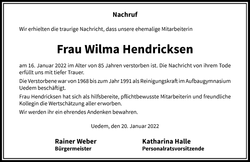  Traueranzeige für Wilma Hendricksen vom 22.01.2022 aus Rheinische Post