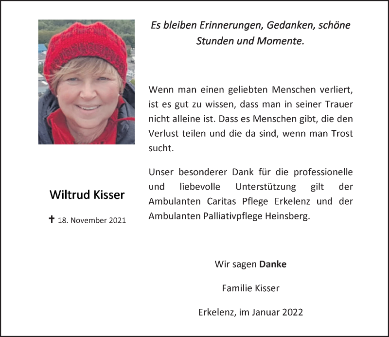  Traueranzeige für Wiltrud Kisser vom 08.01.2022 aus Rheinische Post