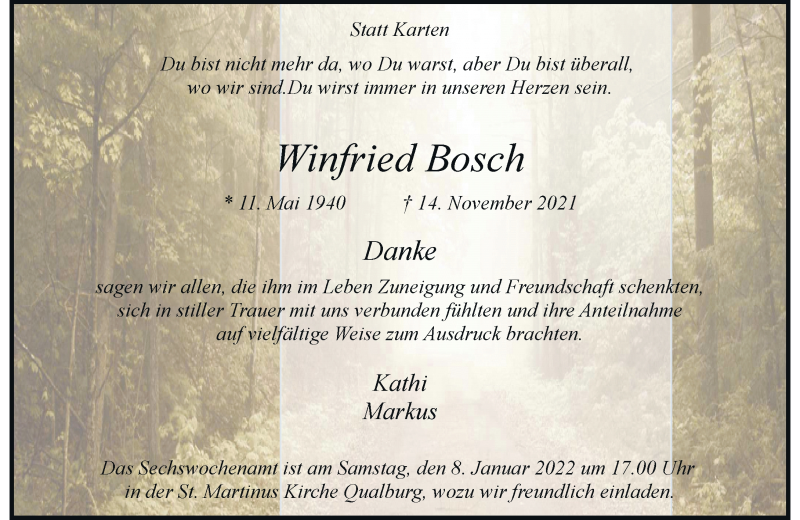  Traueranzeige für Winfried Bosch vom 03.01.2022 aus Rheinische Post