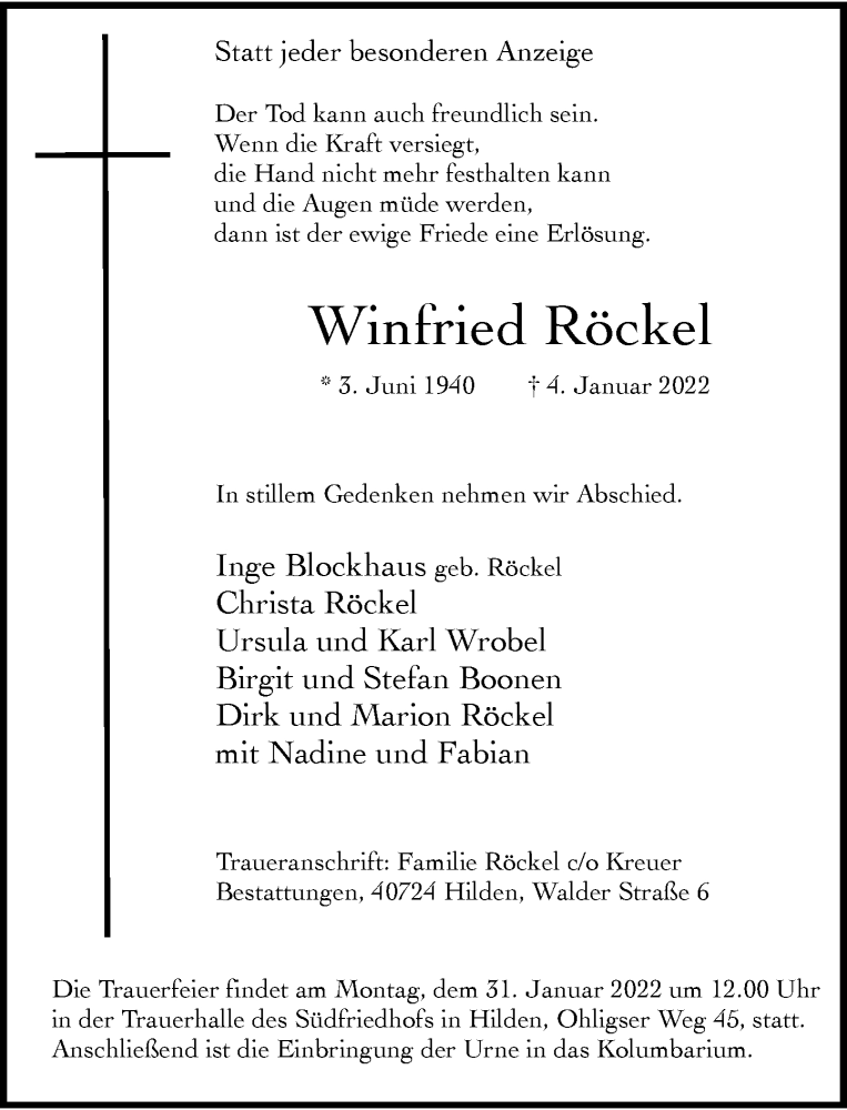  Traueranzeige für Winfried Röckel vom 15.01.2022 aus Rheinische Post