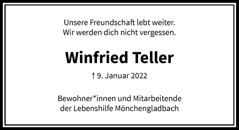  Traueranzeige für Winfried Teller vom 12.01.2022 aus Rheinische Post