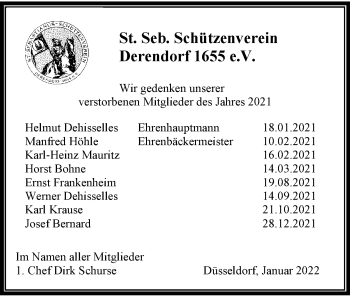 Traueranzeige von Wir gedenken St. Seb. Schützenverein von Rheinische Post