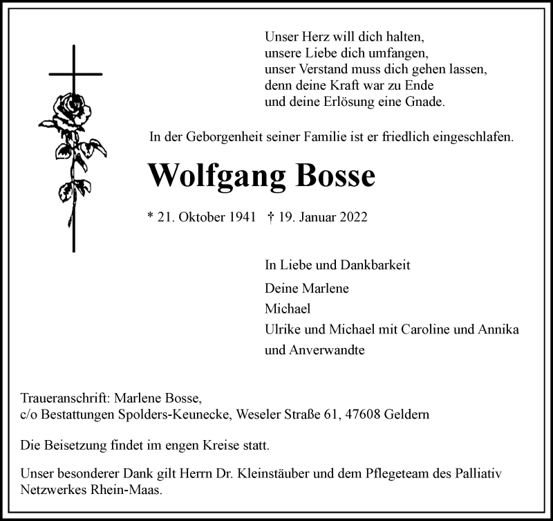  Traueranzeige für Wolfgang Bosse vom 22.01.2022 aus Rheinische Post