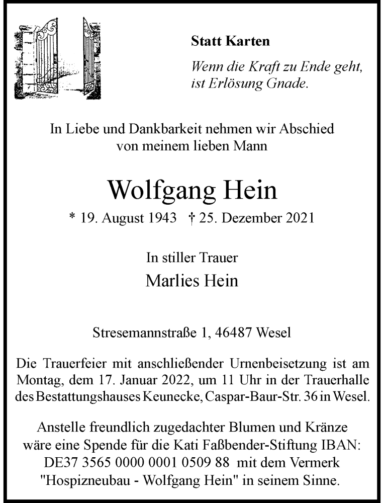  Traueranzeige für Wolfgang Hein vom 03.01.2022 aus Rheinische Post