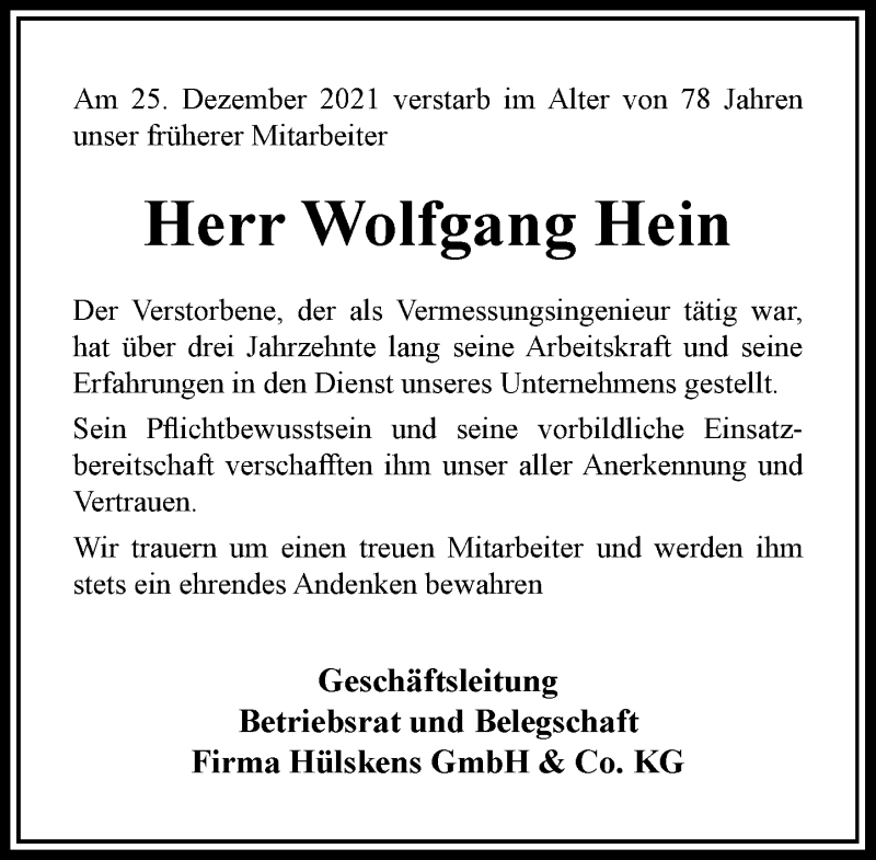  Traueranzeige für Wolfgang Hein vom 08.01.2022 aus Rheinische Post