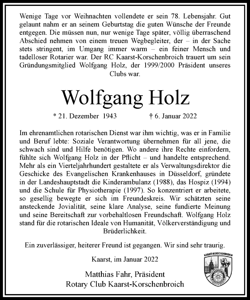 Traueranzeige für Wolfgang Holz vom 15.01.2022 aus Rheinische Post